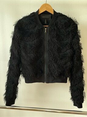 BCBGMaxAzria Black Textured Fringe Bomber Jacket
